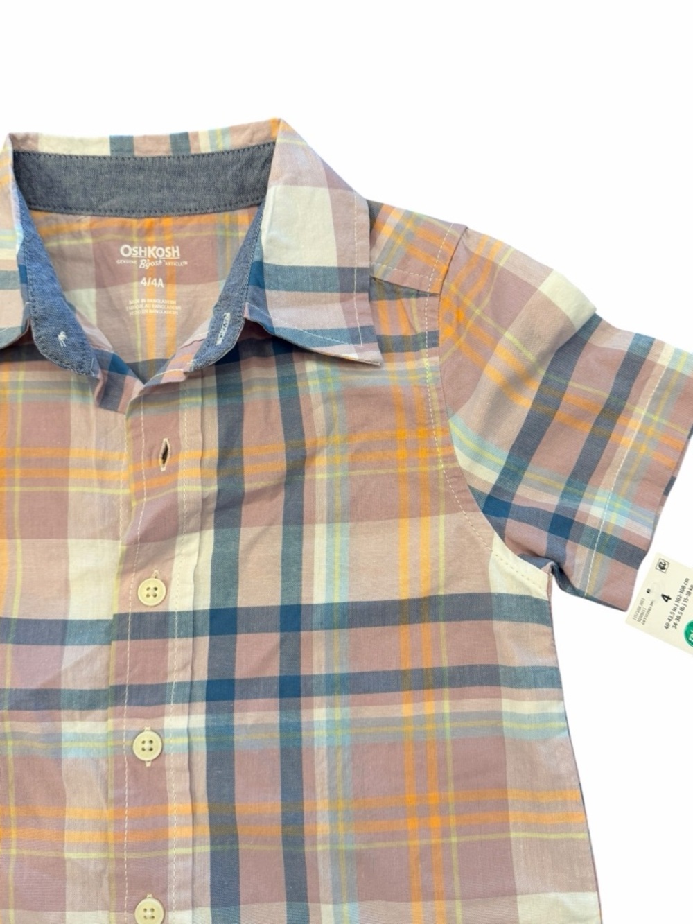 OshKosh B'Gosh Boys Short-Sleeve Button-Down Shirt Pastel Plaid Sz 4/4A NEW $28